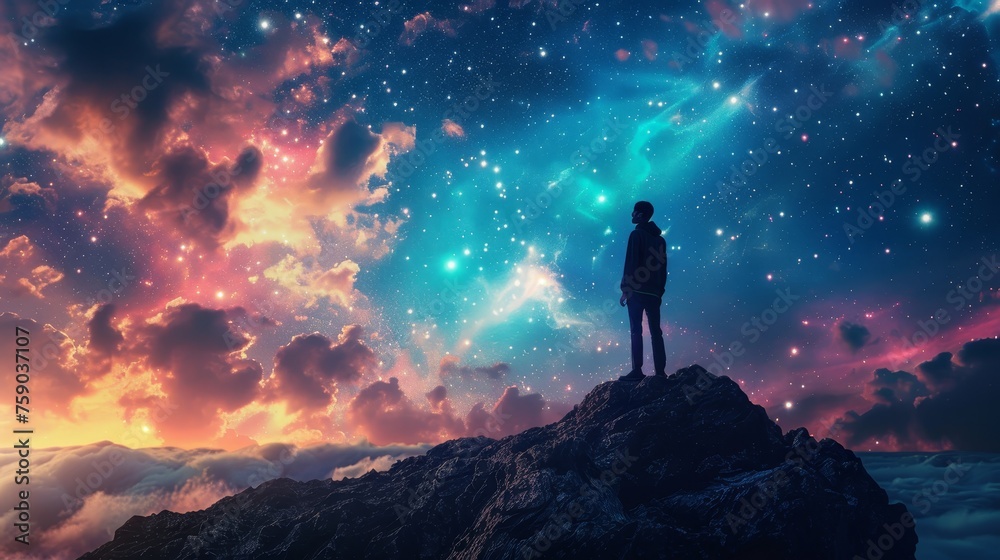 Fototapeta premium On the summit, a dreamer looks up into the expansive heavens, scattered with countless stars, awash in the interplay of cosmic hues.