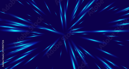 Abstract Glowing Light Rays Background. Speed of Light Illustration. Space Science Fiction Travel, Warp, Teleport, Hyper Speed Jump Effect Concept. Vector Illustration.