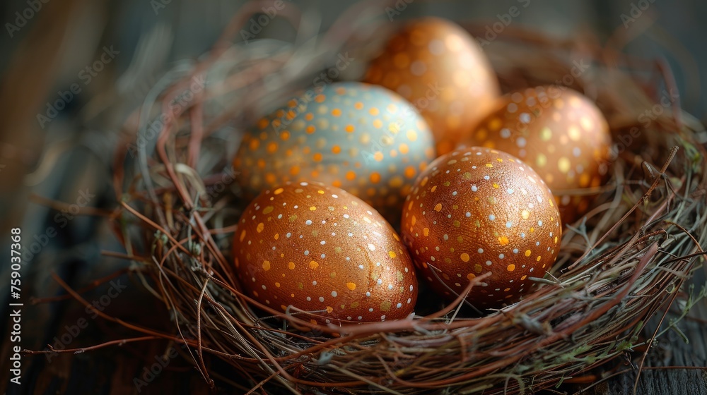 a close up of a nest of eggs with speckles on them on a wooden table with a black background. a close up of a nest of eggs with speckles on them on a wooden table with a black background.