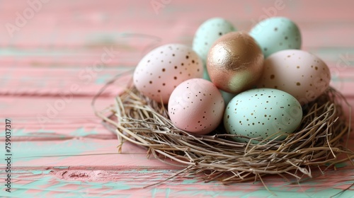 a nest filled with eggs sitting on top of a pink wooden table next to a green and gold painted wall.