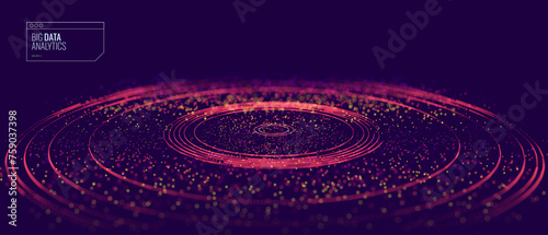 Abstract Digital Circles of Particles. Futuristic Circular Sound Wave. Big Data Visualization. 3D Virtual Space VR Cyberspace. Crypto Currency Blockchain Concept. Vector Illustration.
