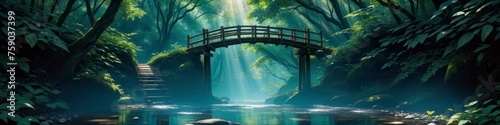 Photorealistic banner for World Environment Day, old wooden bridge over forest stream, wooden planking, sun rays breaking through tree crowns. Background for poster, banner, social networks	 photo