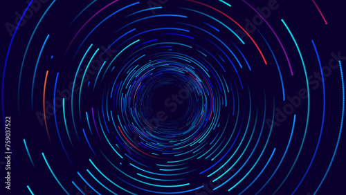 Big Data Visualization. Circular Particles With Trails Vortex. Futuristic Science or Finance Infographic Design. Complex Visual Data Background. Abstract Data Flowing. Vector Illustration.