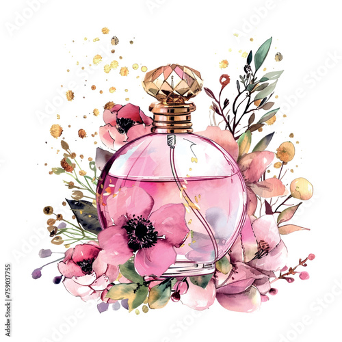 a beautiful pink perfume bottle with roses in the glamour style, golden glitter watercolor illustration on white background