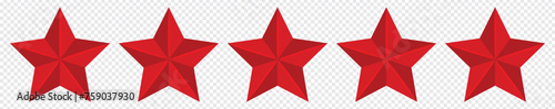 Five red stars with a 3D effect on a transparent background – Design of five stars that can represent a rating, ranking or classification