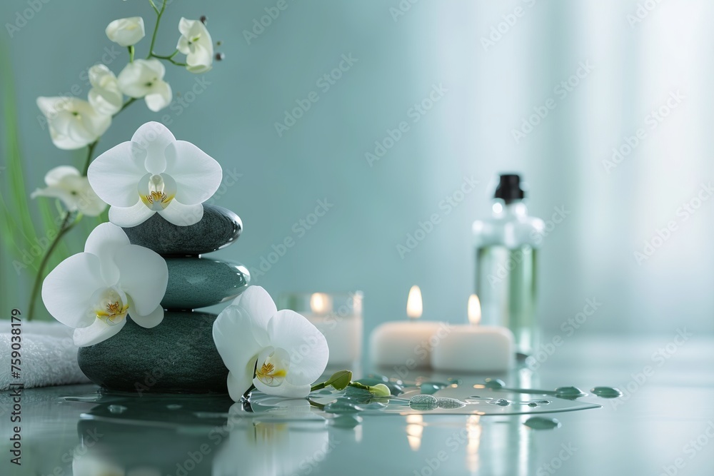Spa scene with candles, stones and flowers, a bottle of aromatic oil and a bamboo plant in the background. Therapeutic aromatherapy for the care of the female body with candles for relaxation. Banner