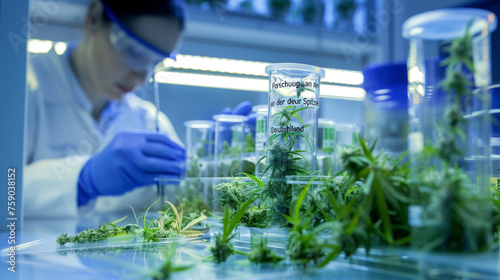 A modern pharmaceutical research laboratory with focus on cannabis plant analysis, filled with scientific equipment