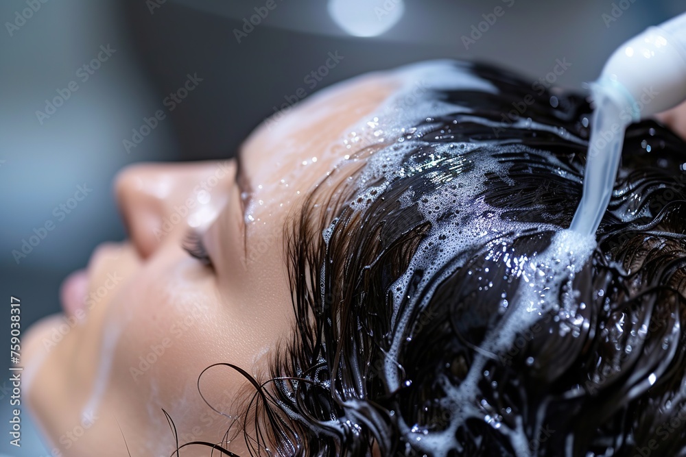 A natural relaxing cream or shampoo is applied to the natural long hair of a woman or beauty salon client. The woman enjoys the procedure. Shampoo time. Hair care concept. Copy space. Banner - obrazy, fototapety, plakaty 