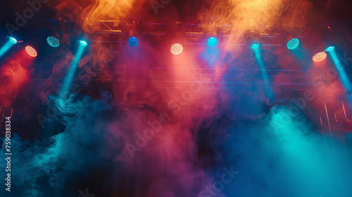 An atmospheric shot of the stage at a concert party, with smoke machines creating a haze of mist and colorful spotlights casting dramatic shadows, 