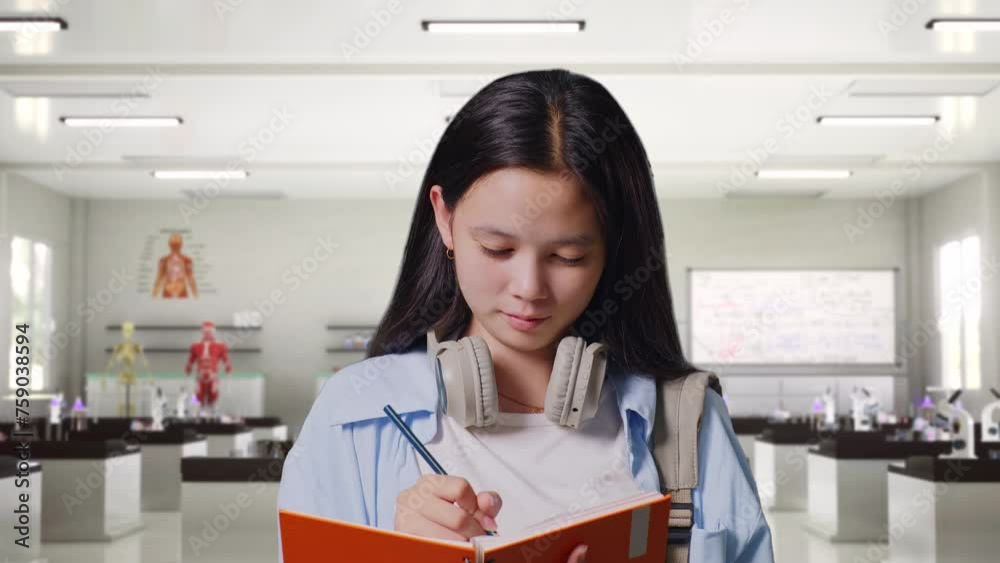 Close Up Of Asian Teen Girl Student With A Backpack Smiling And Taking Note On Notebook While Standing In Science Laboratory Close Up Of Asian Teen Girl Student With A Backpack Smiling And Taking Note On Notebook While Standing In Science Laboratory