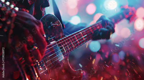 A close-up of a guitarist shredding on stage at a concert party, their fingers flying over the strings as 