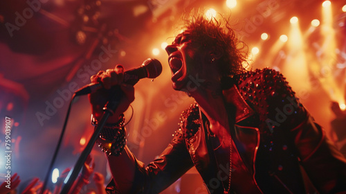 A close-up of a singer belting out a high note on stage, their passion and emotion visible in every gesture, while the crowd below erupts into cheers and applause.