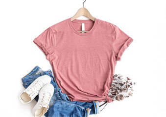 Mauve womens cotton Tshirt mockup with eucalyptus , jeans, sneakers on white background. Design t shirt template, print presentation mock up. Heather Mauve Top view flat lay t-shirt