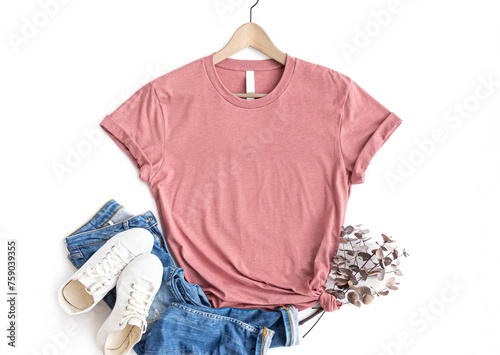 Mauve womens cotton Tshirt mockup with eucalyptus , jeans, sneakers on white background. Design t shirt template, print presentation mock up. Heather Mauve Top view flat lay t-shirt