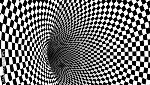 Fototapeta Naklejka Na Ścianę i Meble -  Abstract Black and White Pattern with Tunnel. Contrasty Optical Psychedelic Illusion. Optical Art Gravity Vortex. Smooth Checkered Tunnel and Chessboard in Perspective. Vector 3D Illustration.