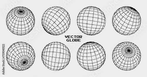 Pixel Dither 3D Sphere Wireframe Hologram HUD Design Elements Set. 3D Line Globe Geometry for 1 bit Style Graphic Design. Pixel Art Cyberpunk Y2K Aesthetic VR Concept. Vector Illustration.