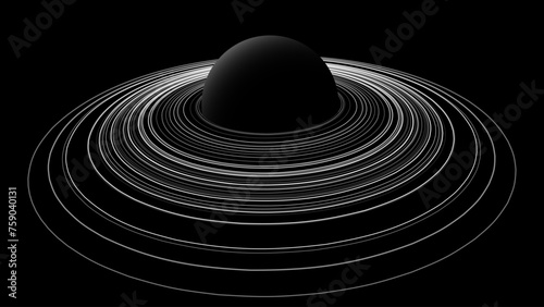 Black Stylized Saturn Planet with Rings. Black Hole Background. Universe and Starry Concept. Gravity Circles. Minimal Art Style Vector Space Illustration.