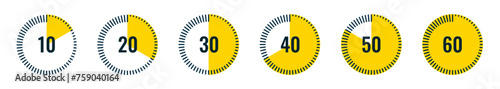 Set of Useful Timers 10, 20, 30, 40, 50, 60 Seconds or Minutes. Stopwatch Timer Icon in Flat Style. Minimalistic Timer Measure. Stripes Around the Circle. Vector Illustration. photo