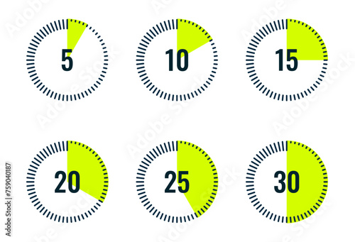 Set of Useful Timers 5, 10, 15, 20, 25, 30 Minutes or Seconds. Stopwatch Timer Icon in Flat Style. Minimalistic Timer Measure. Stripes Around the Circle. Vector Illustration.
