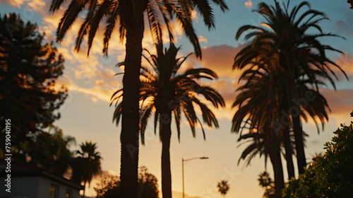 Modern city street with palm trees  golden hour sky  natural light  shadow play  background  texture  wallpaper