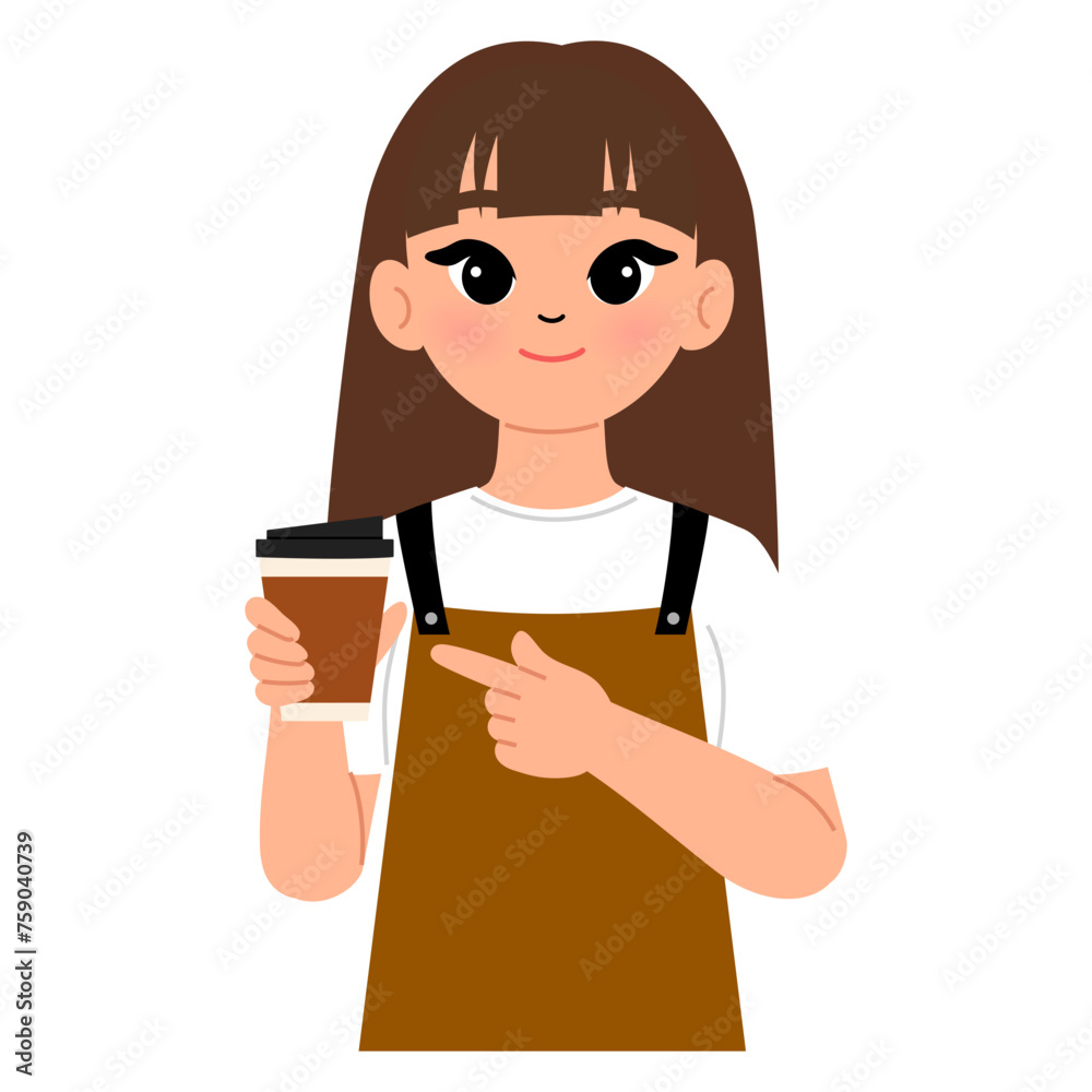 barista female wearing brown apron holding a coffee cup character illustration barista female wearing brown apron holding a coffee cup character illustration