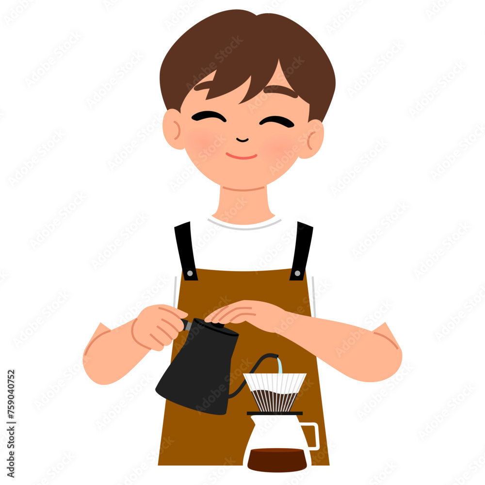 barista male wearing brown apron making coffee manual character illustration