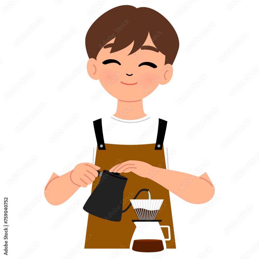barista male wearing brown apron making coffee manual character illustration barista male wearing brown apron making coffee manual character illustration