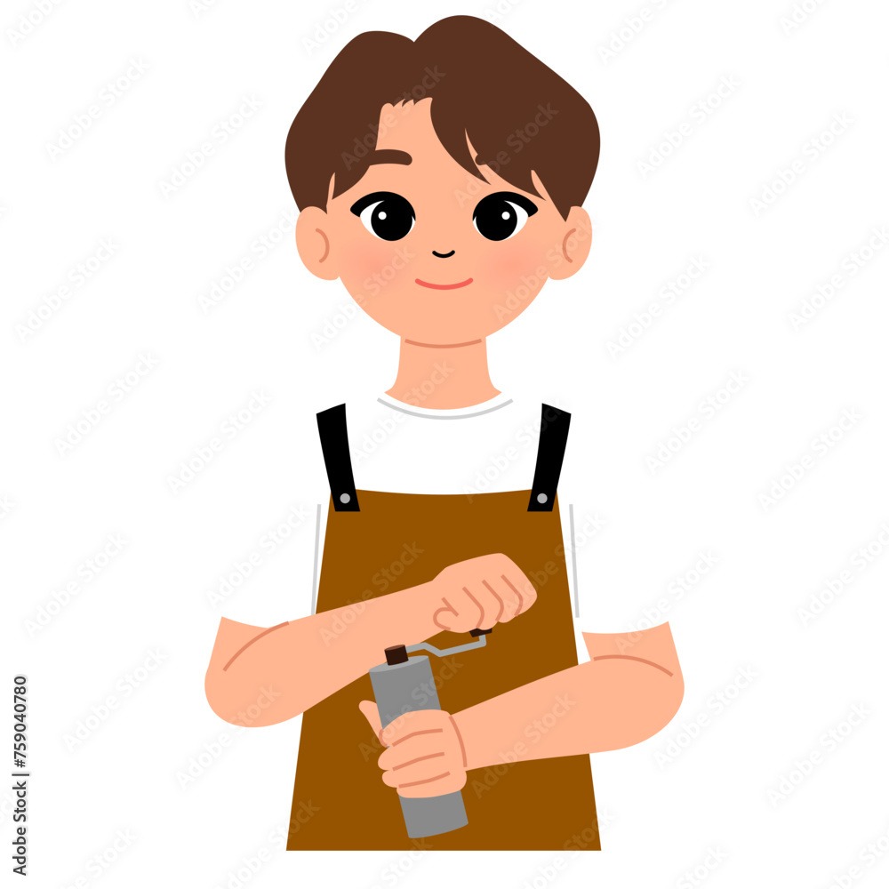 barista male wearing brown apron using manual coffee grinder character illustration
