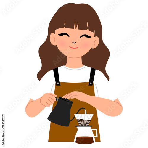 barista female wearing brown apron making coffee manual character illustration