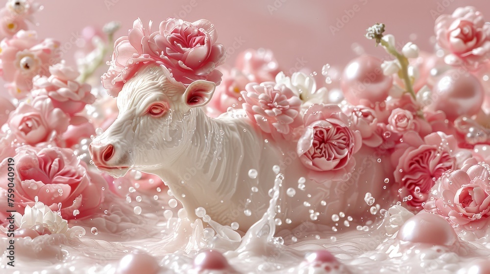 a white cow with pink flowers on it's head in a field of pink and white flowers on a pink background.