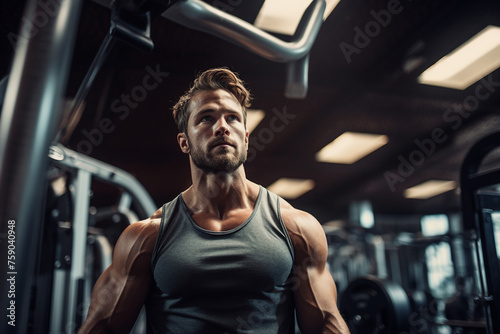 Generative AI image of young strong muscular man bodybuilder coach training in gym