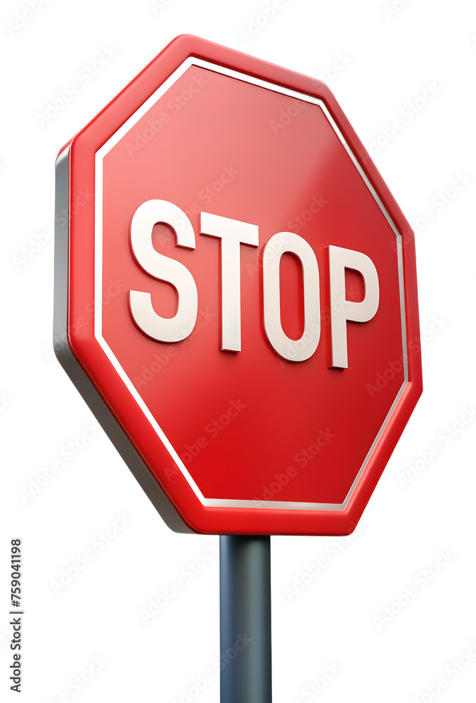 3d red stop sign board side view perspective isolated on transparent png background