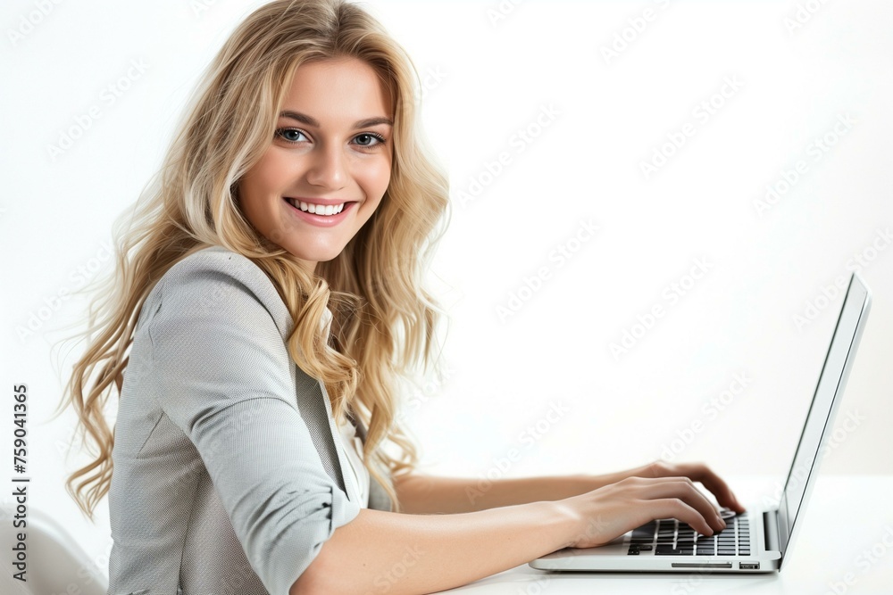 Woman Using Laptop Computer at Desk looking at camera on white background