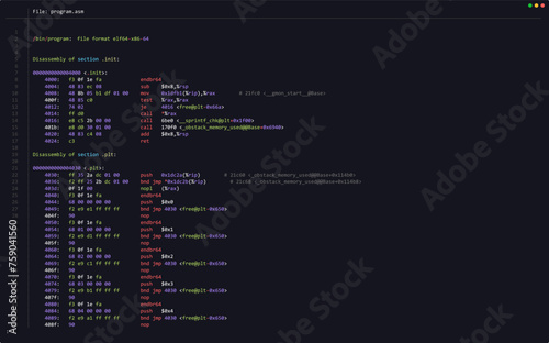 Assembly Code Programming Language. Machine Code Program Hexadecimal Code. Computer Memory. Vector Illustration. Hacking, Cryptography, Malware, Reverse Engineering, Data Analysis Backdrop.