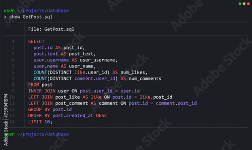 SQL Query Select Posts from Database. Relational Database SQL (Structured Query Language) Code. Example of SQL Code to Query Data from a Server. Vector Background.