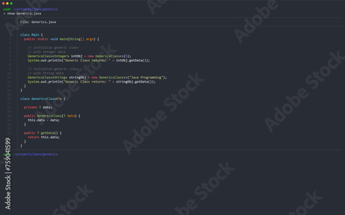 Generics Example Code with Java Programming Language. Hello World Example Code. Learn to Code Concept. Vector Illustration. Java Online Education.
