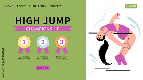 High jump championship web banner. Athlete jumps over crossbar. Sports standings with three prizes.