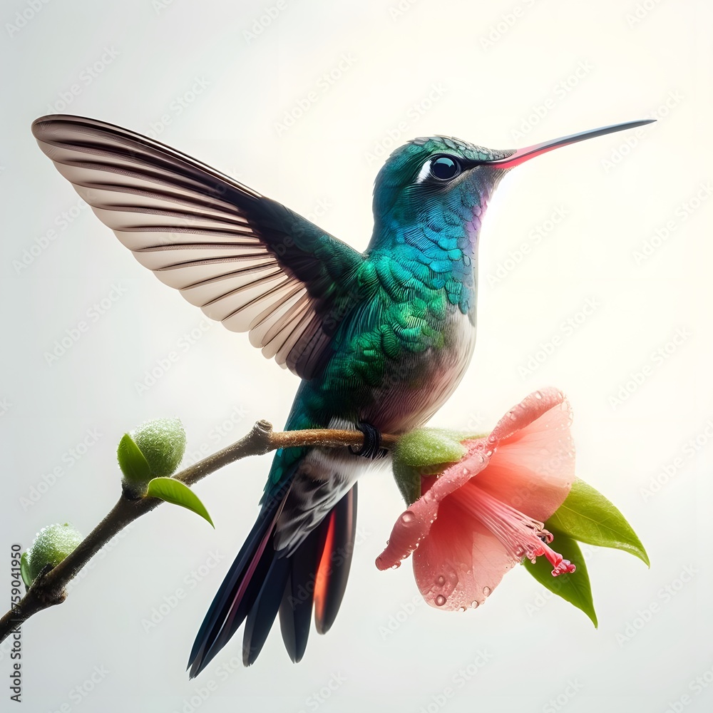 Obraz premium water colour Broad Billed Hummingbird with flower on a white background