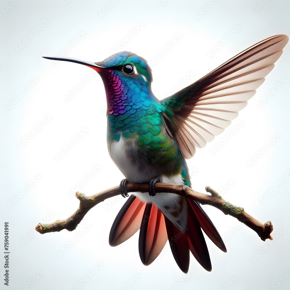 Fototapeta premium water colour Broad Billed Hummingbird with tree brunch on a pure white background