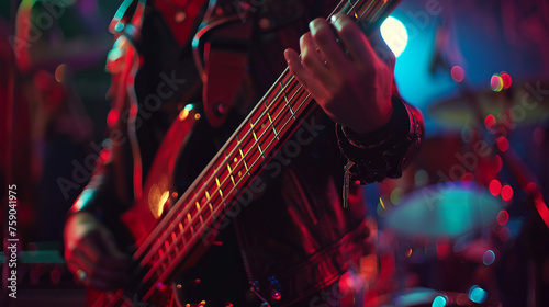 A shot of the bassist at a concert party, laying down a funky groove and keeping the rhythm tight, their fingers flying over the strings as they lock in with 