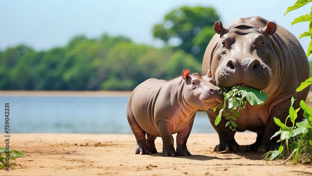 Obraz premium Hippopotamus with her baby, tropical fauna, free space for text, banner.