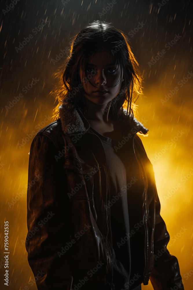 Teen girl with a jacket in silhouette style. Yellow glow. Cinematic horror movie style concept. Foggy dark paranormal background. Halloween themed. Back light glowing ghostly mood. 