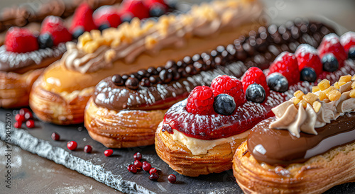 A set of different eclairs with filling.