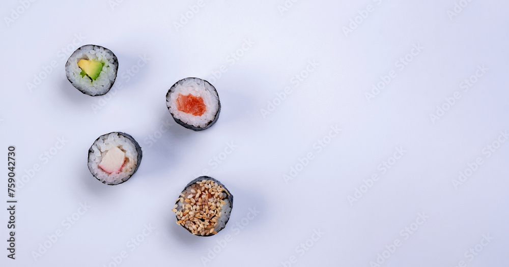  sushi maki rolls on white background