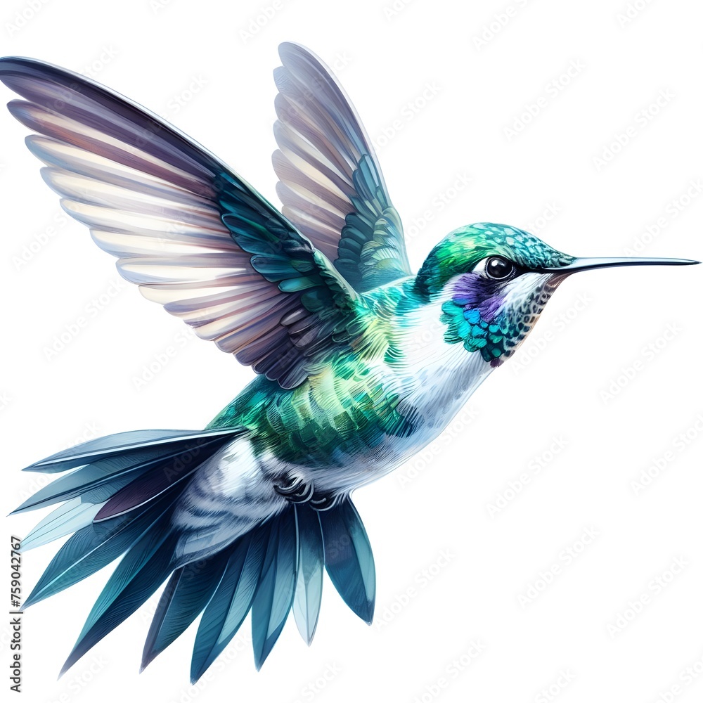 Fototapeta premium Hand drawn watercolour paint Flying Broad Billed Hummingbird on white background