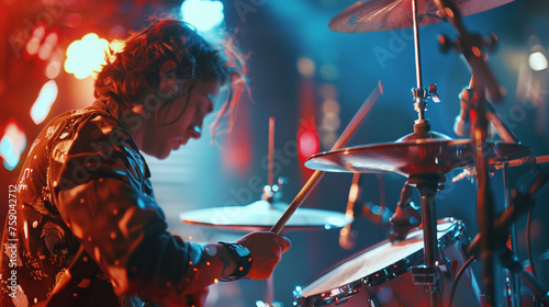 A shot of the drummer at a concert party, pounding out thunderous beats and driving the rhythm of the music, their face contorted in concentration as they lose themselves in the groove. photo