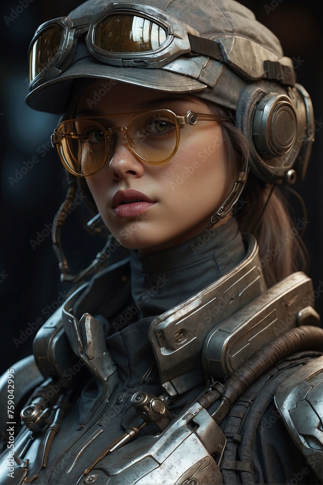 Cyberpunk Style. Portrait of a Young Woman in a Hat and Protective Goggles - obrazy, fototapety, plakaty 