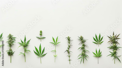 Several types of cannabis leaves and buds displayed in a variety of arrangements on white