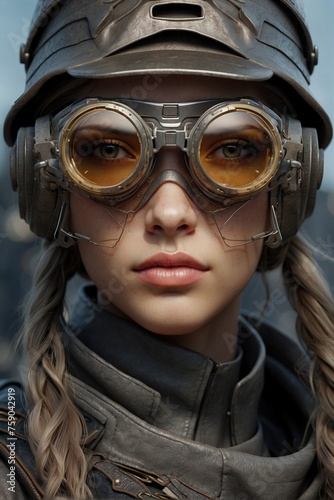 Cyberpunk Style. Portrait of a Young Woman in a Hat and Protective Goggles