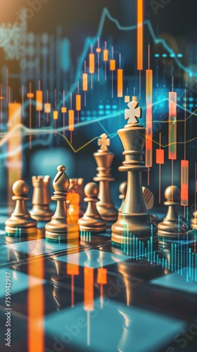 In the realm of strategy and stocks a chess game unfolds against a backdrop of market graphs blending logic with luck